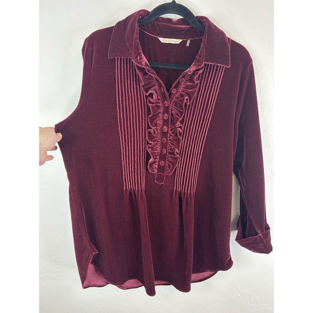 Burgundy Velvet Soft Surroundings Size L Tunic Top Ruffle Front 3/4 Sleeve Boho - Picture 5 of 10